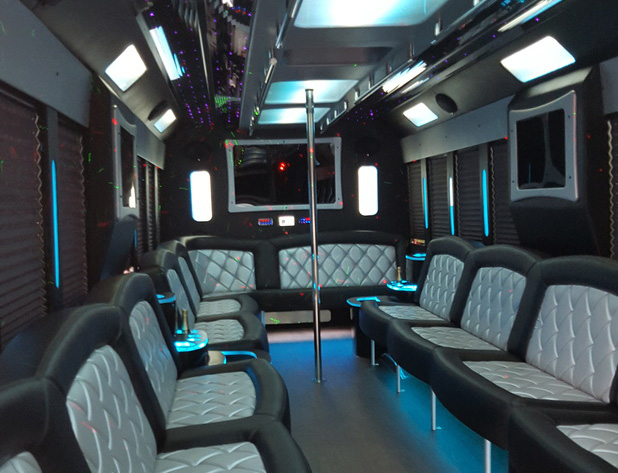 Party bus interior with Green lights