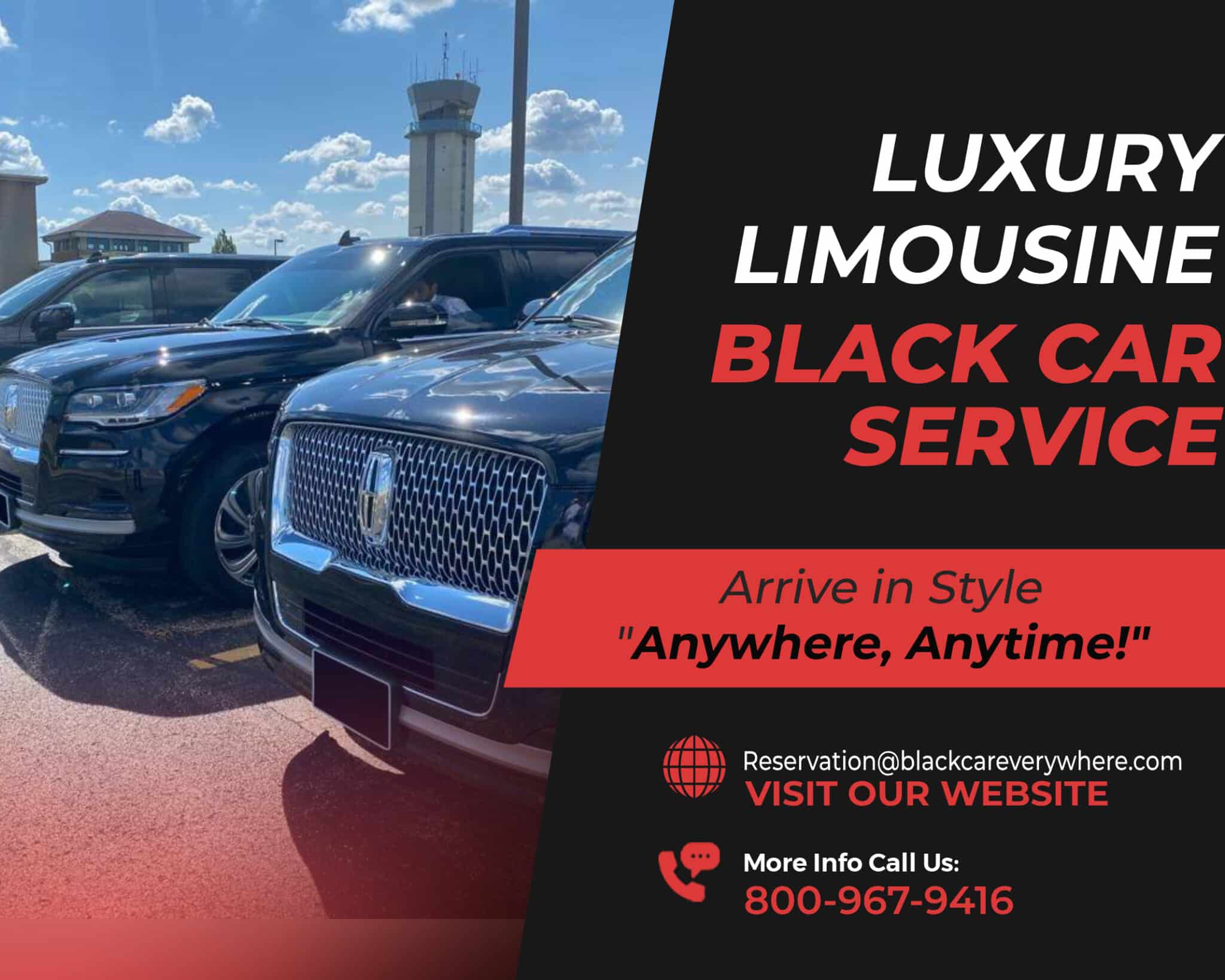 Company name, contact number and website link with three luxury SUVs