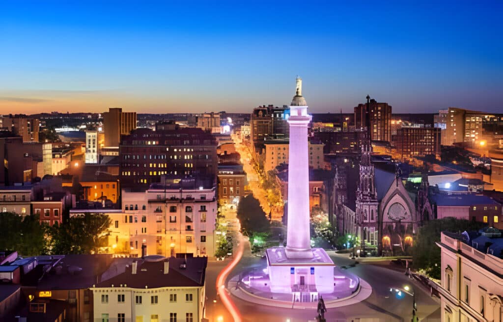 Baltimore, Maryland, USA cityscape at Mt. Vernon and the Washington Monument.