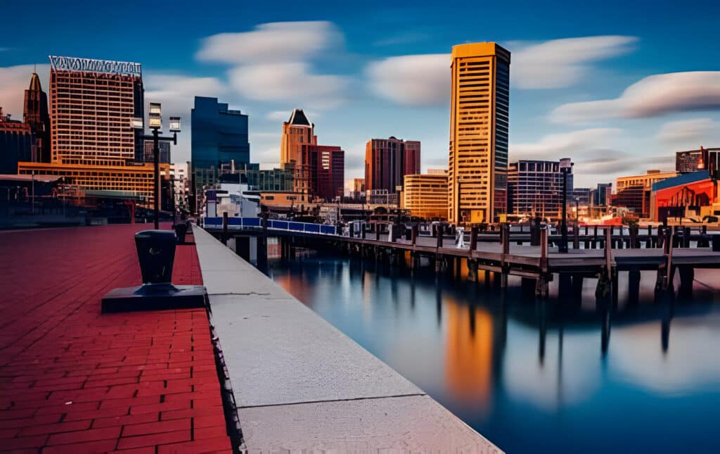 Long exposure of the Baltimore Skyline and Inner Harbor Promenade, Baltimore, Maryland