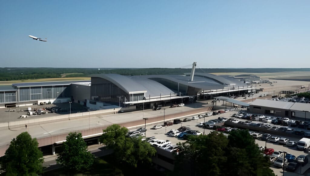 A distant view of Terminal 2 at RDU International airport