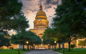 Austin State Capitol with beautiful yellow sunset