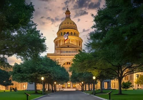 Austin State Capitol with beautiful yellow sunset