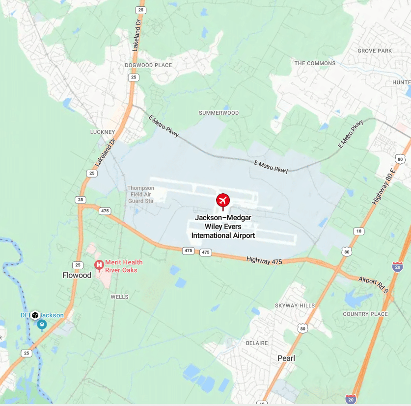 Map of Jackson-Medgar Wiley Evers International Airport