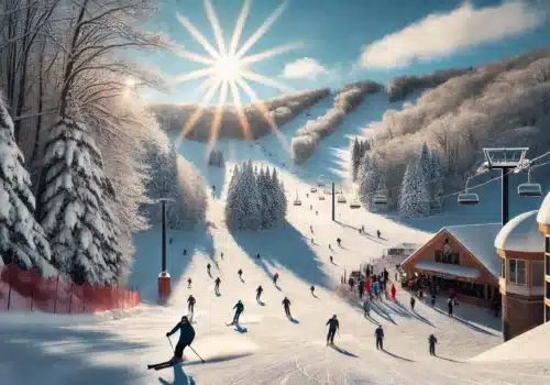 Skiers enjoying the slopes at Alpine Valley Resort during winter, with snow-covered trees