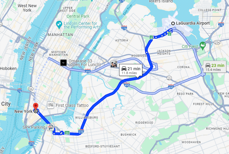 Map of Top Three Routes from LGA to New York