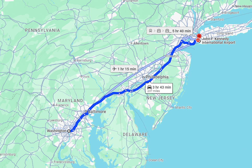 Routes from Washington, D.C. to JFK Airport