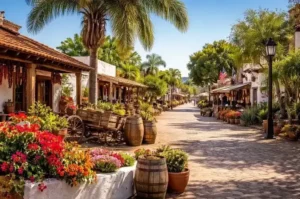 Charming street with flowers and palm trees