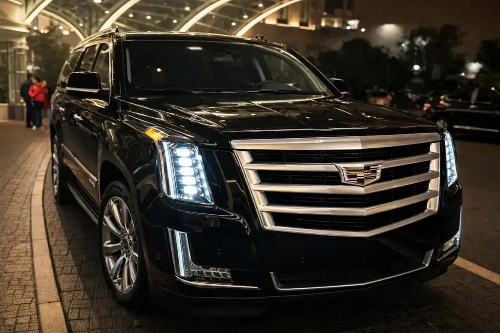 Cadillac Escalade under hotel entrance