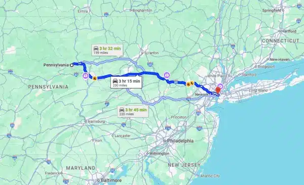 Route from Pennsylvania to NYC