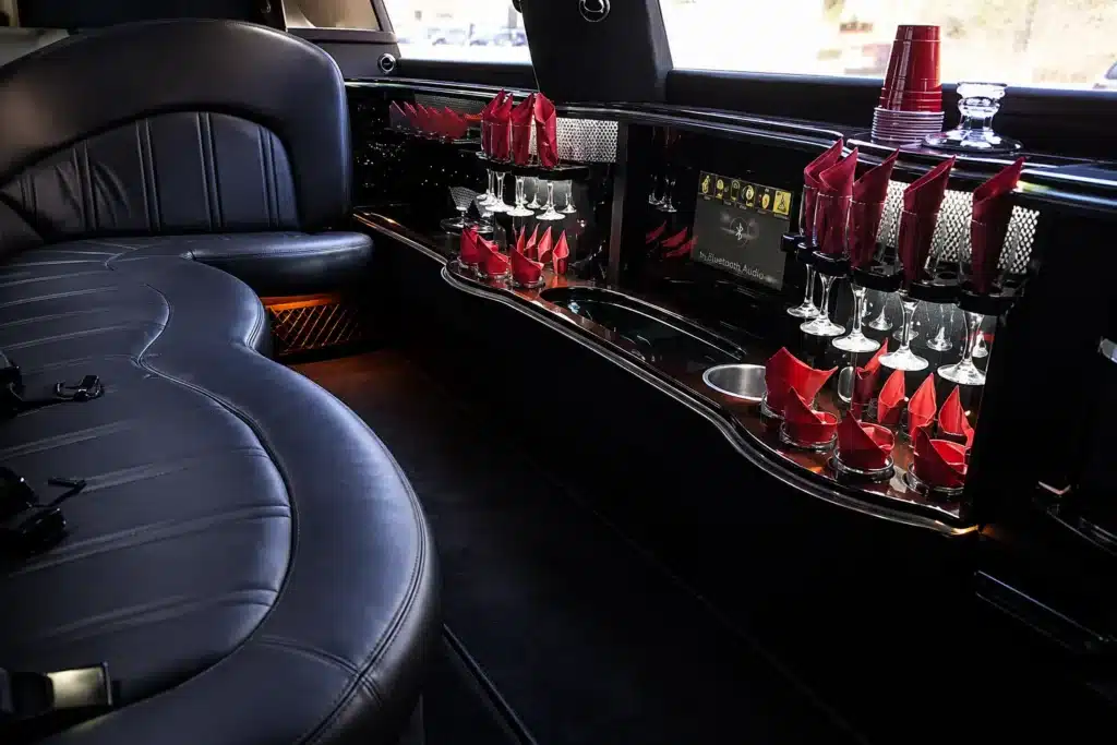 Luxury limo interior with bar an
