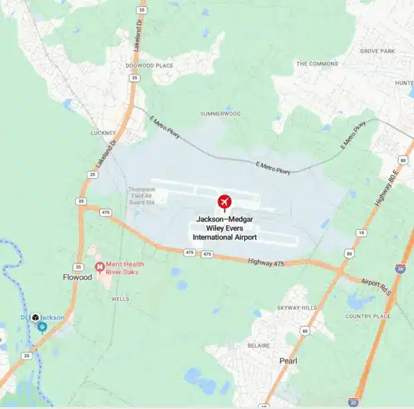 Map of Jackson-Medgar Wiley Evers International Airport
