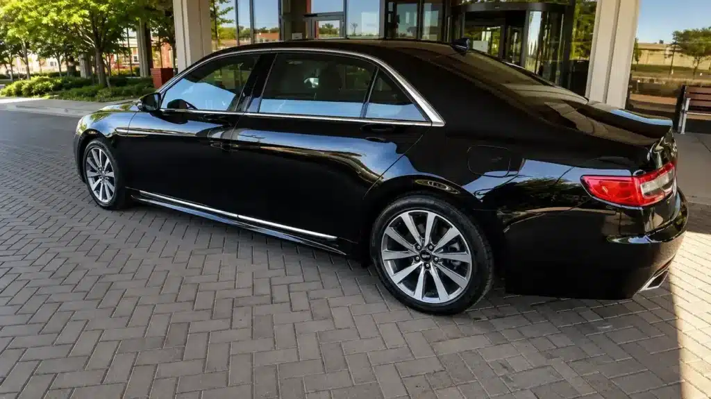 Sleek sedan by modern entrance