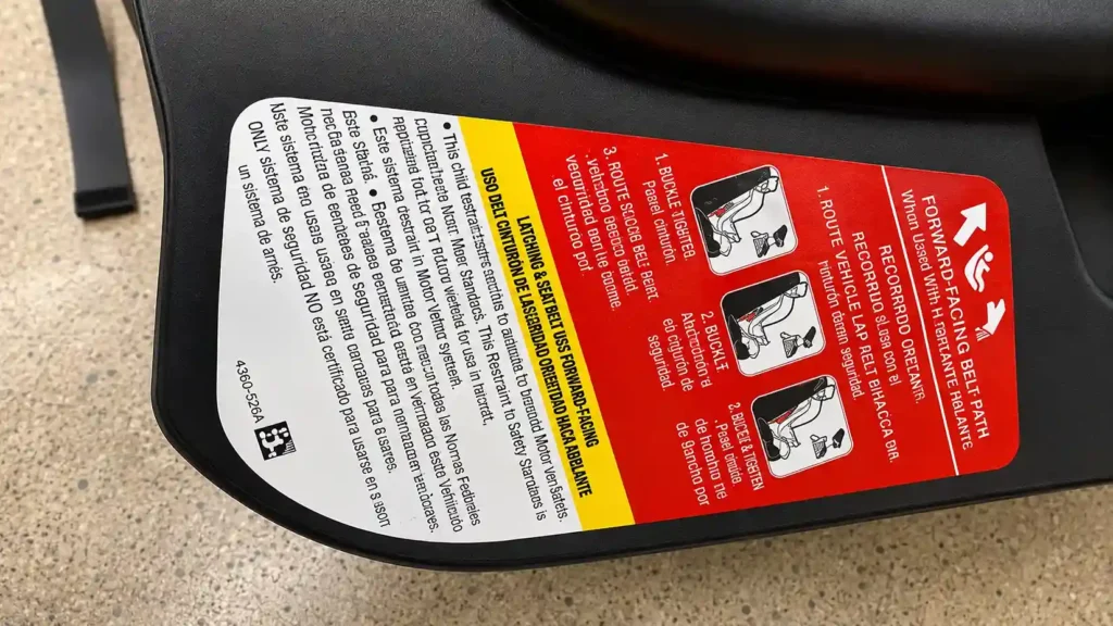 Car seat instruction label close-up